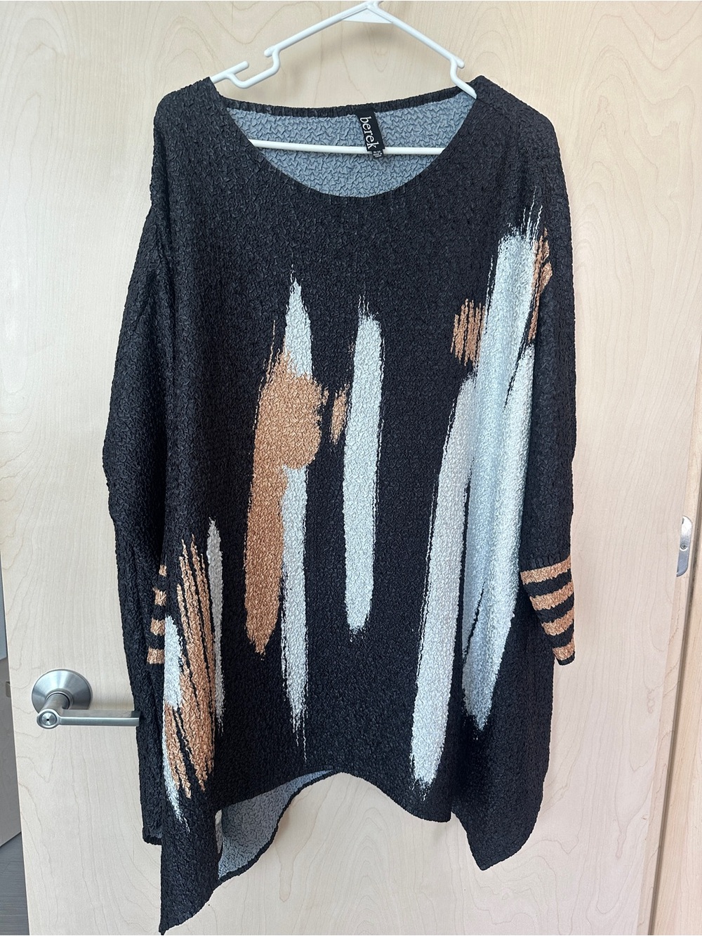 Berek Abstract Black Gold Crinkle 3/4 Sleeve Shirt Art To Wear Lightweight 18/20